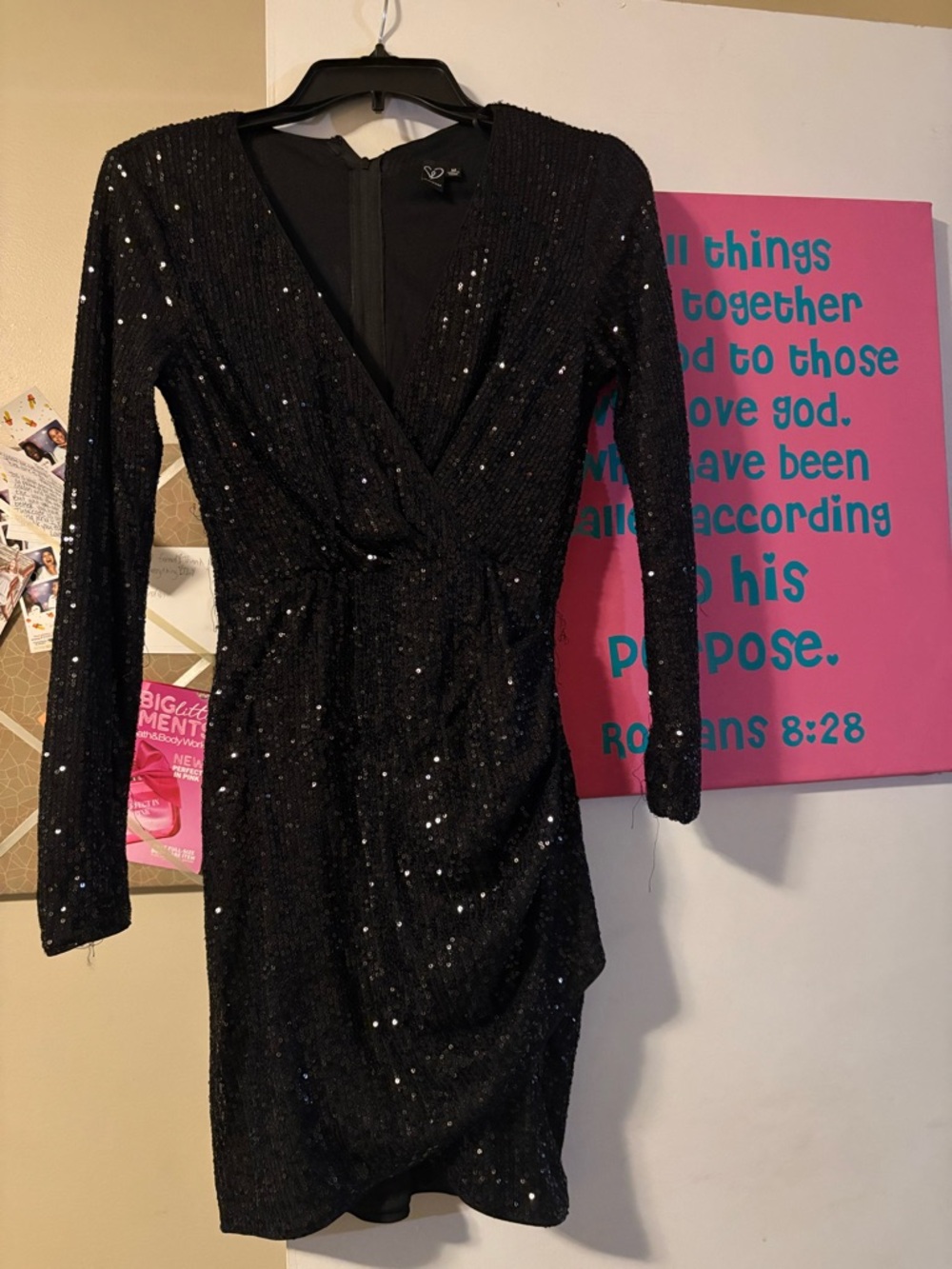 Black Sequin Long-Sleeve Wrap Dress